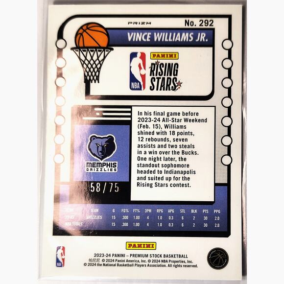 2023-24 NBA Hoops Premium Stock Rising Stars VINCE WILLIAMS JR Blue Pulsar 58/75 - Picture 2 of 2